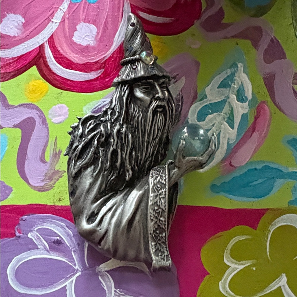 VTG JJ Jonette Merlin Wizard Rhinestone Crystal Ball Magician Brooch Pin D&D 4”